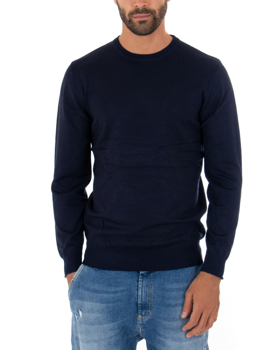 Men's Casual Crew Neck Sweater Solid Color Long Sleeve Blue GIOSAL M2509A