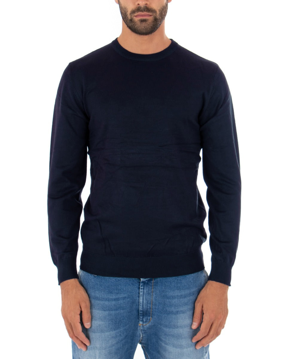 Men's Casual Crew Neck Sweater Solid Color Long Sleeve Blue GIOSAL M2509A