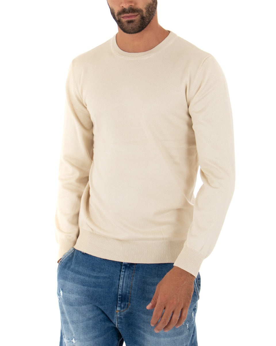 Men's Casual Crewneck Sweater Solid Color Long Sleeve Beige GIOSAL M2512A