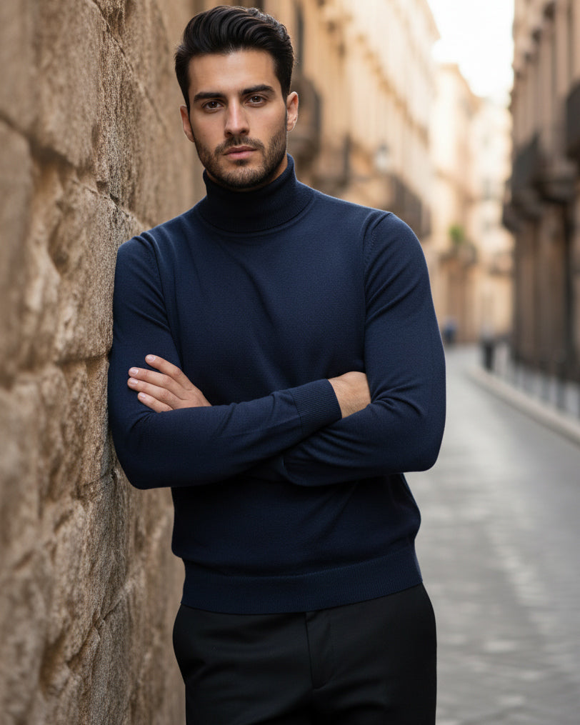 Maglioncino Uomo Collo Alto Maglia Rasata Dolcevita Basic Blu M2537A