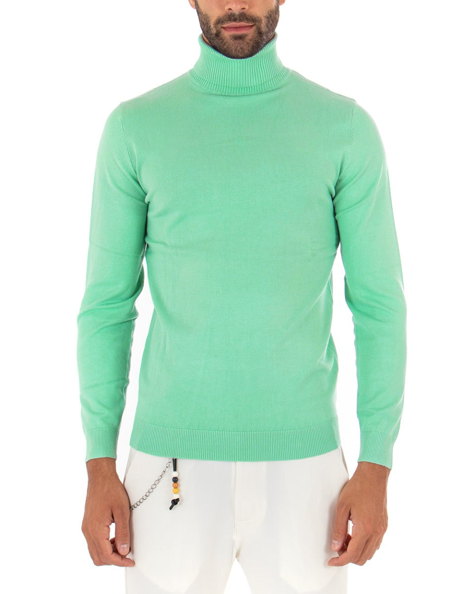 Men's Long Sleeves Elastic Turtleneck Sweater Solid Color Water Green GIOSAL M2553A