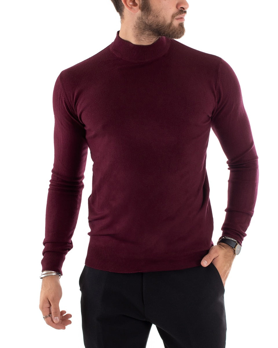 Burgundy Solid Color Long Sleeves Casual Half-Neck Sweater GIOSAL M2565A