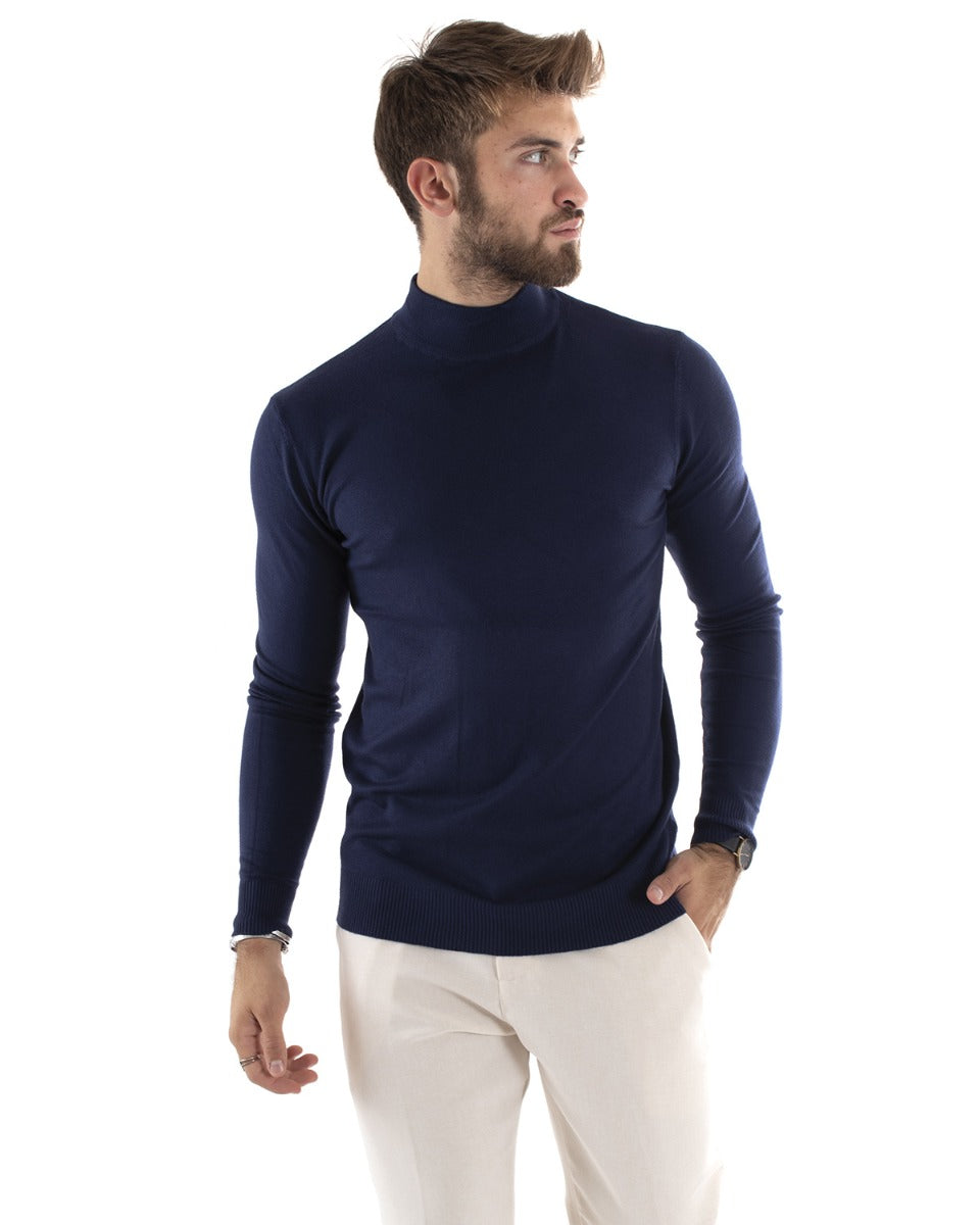 Solid Color Blue Long Sleeves Half-Neck Casual Sweater GIOSAL M2568A