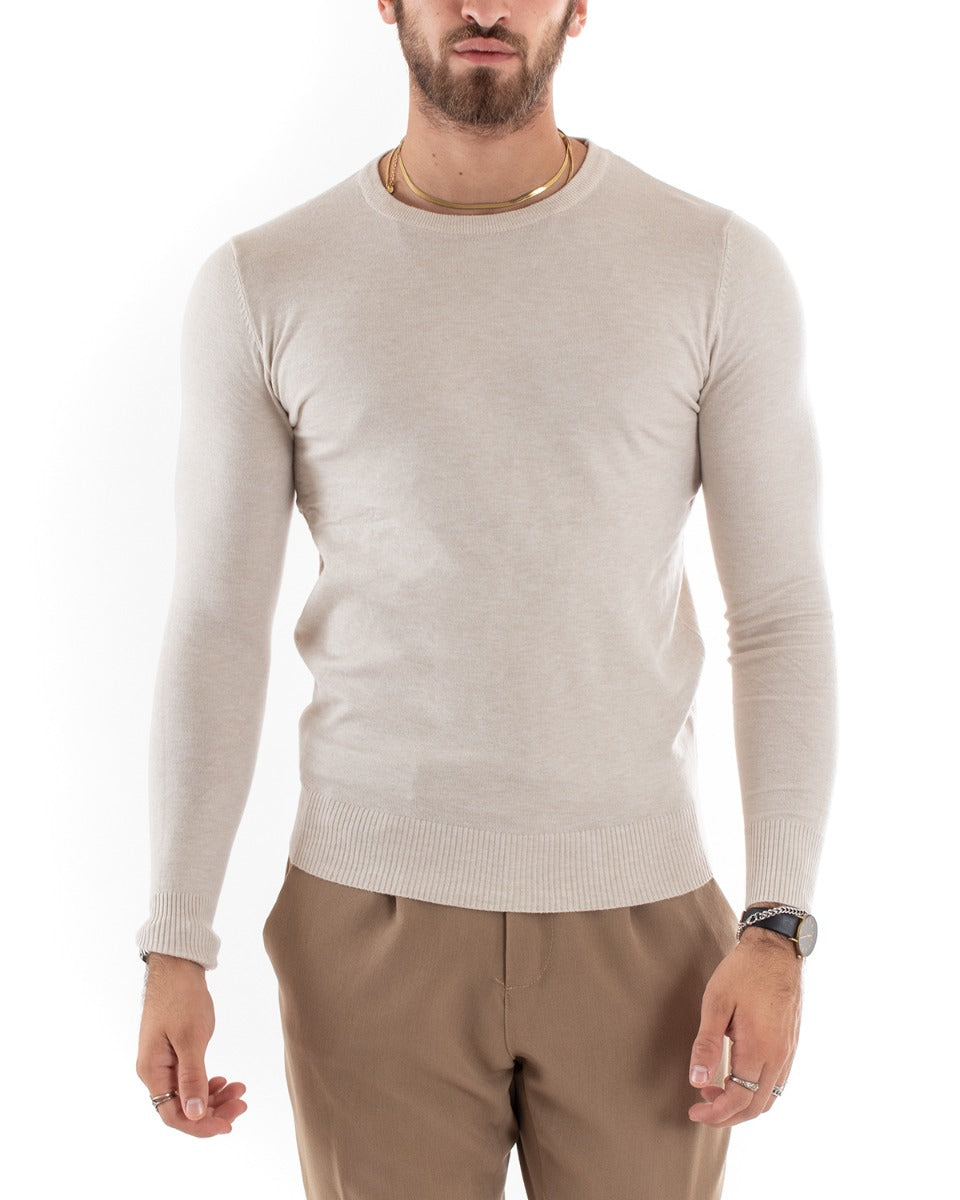 Men's Casual Crew Neck Sweater Solid Color Long Sleeve Melanged Beige GIOSAL