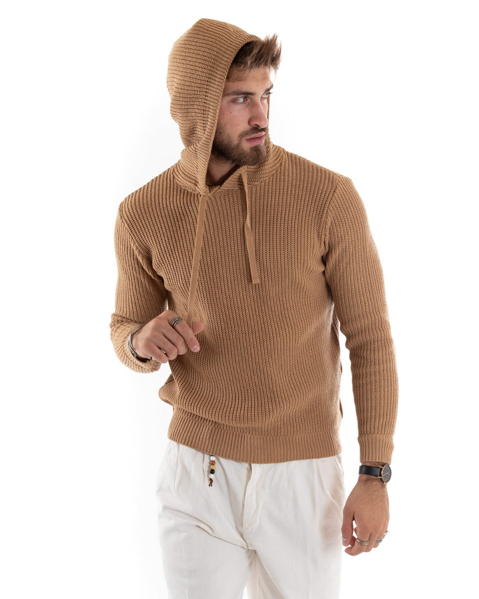 Men's Long Sleeve Hooded Sweater Solid Color Camel Pullover GIOSAL M2592A