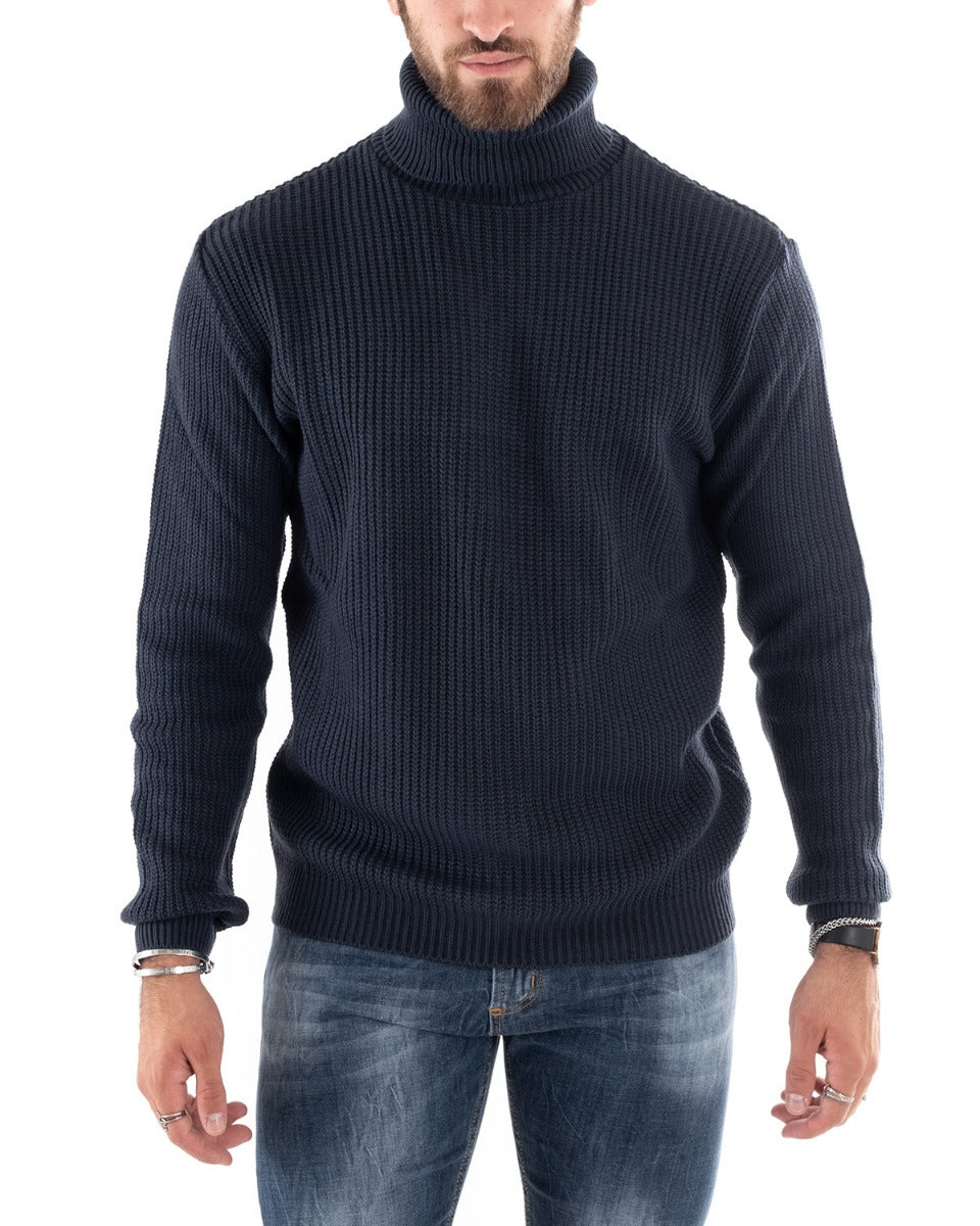 Paul Barrell Men's Pullover Sweater Solid Color Dark Blue High Neck Casual GIOSAL-M2598A