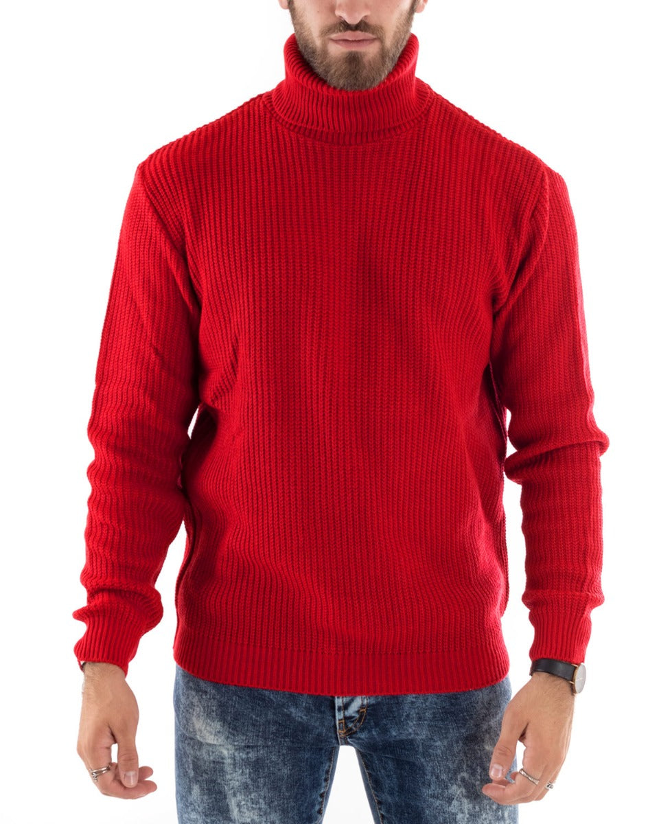 Paul Barrell Men's Pullover Sweater Solid Color Red High Neck Casual GIOSAL-M2599A