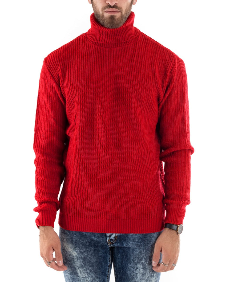 Paul Barrell Men's Pullover Sweater Solid Color Red High Neck Casual GIOSAL-M2599A