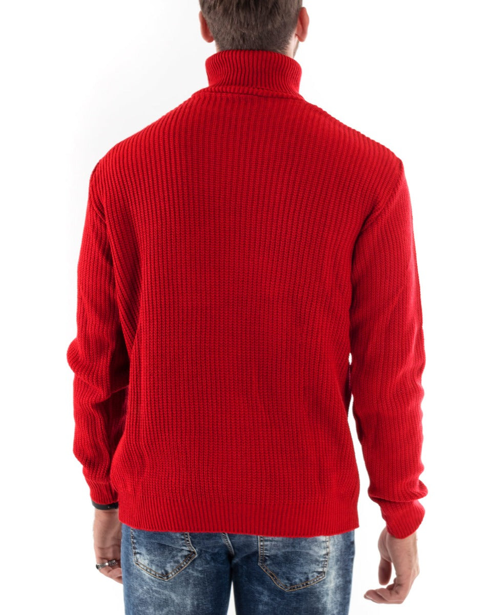 Maglione Uomo Pullover Dolcevita Maglia Tinta Unita Rosso Collo Alto C