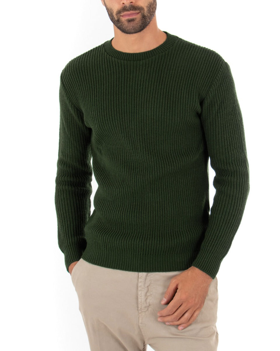 Paul Barrell Men's Pullover Sweater Solid Color Military Green Round Neck Casual GIOSAL-M2601A