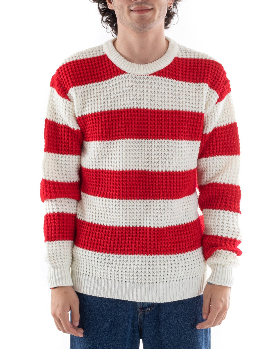 Men's Sweater Striped Pullover Two-Tone Crew Neck Red White GIOSAL-M2609A