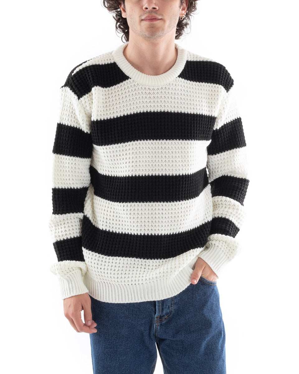 Men's Sweater Knitted Pullover Striped Two-Tone Round Neck Black White GIOSAL-M2610A