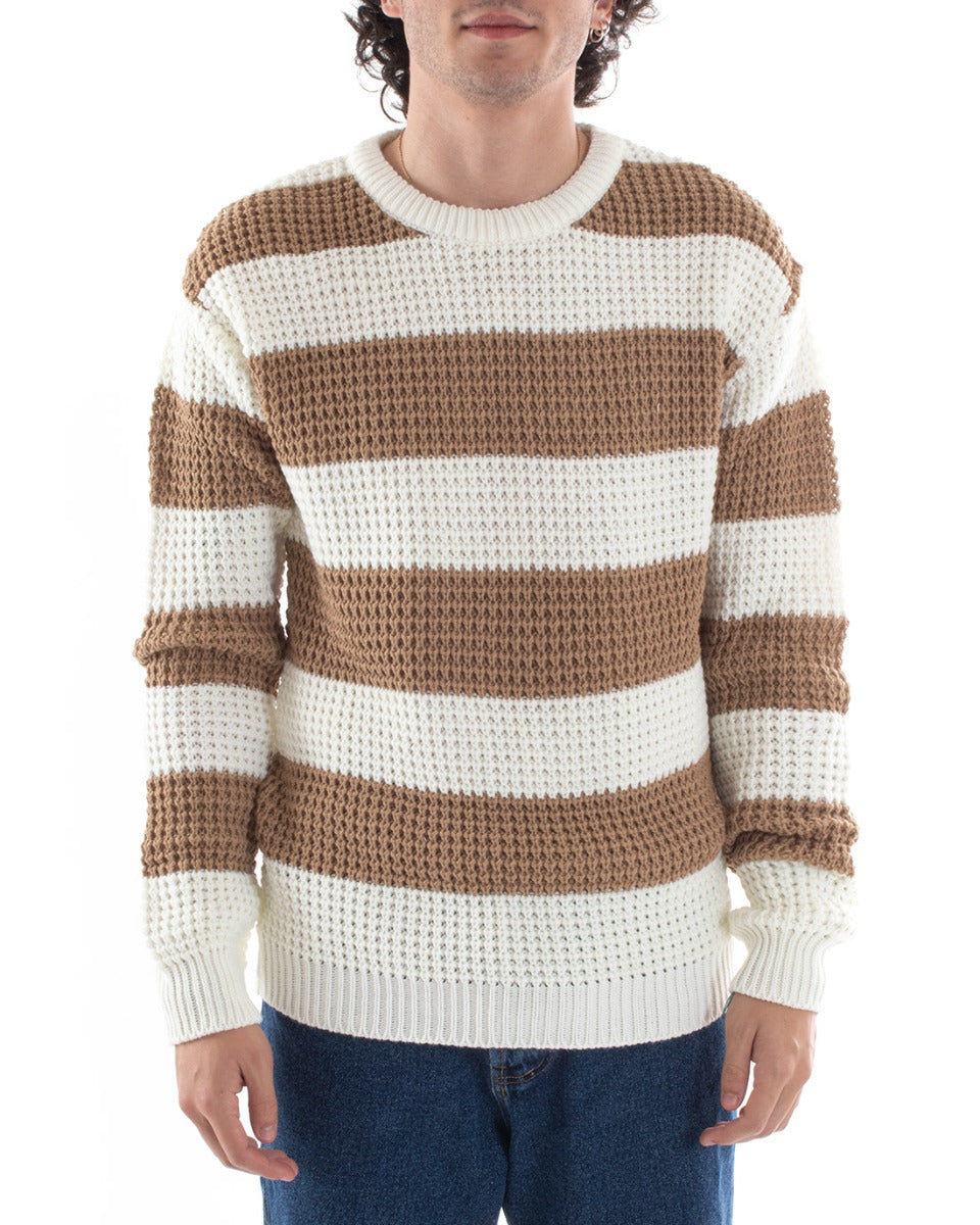 Men's Sweater Knitted Pullover Striped Two-Tone Round Neck Camel White GIOSAL-M2611A