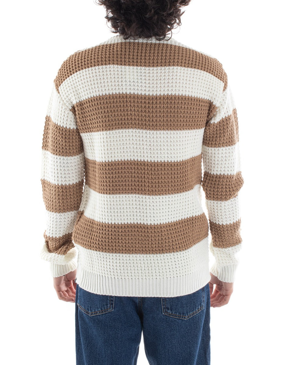 Men's Sweater Knitted Pullover Striped Two-Tone Round Neck Camel White GIOSAL-M2611A