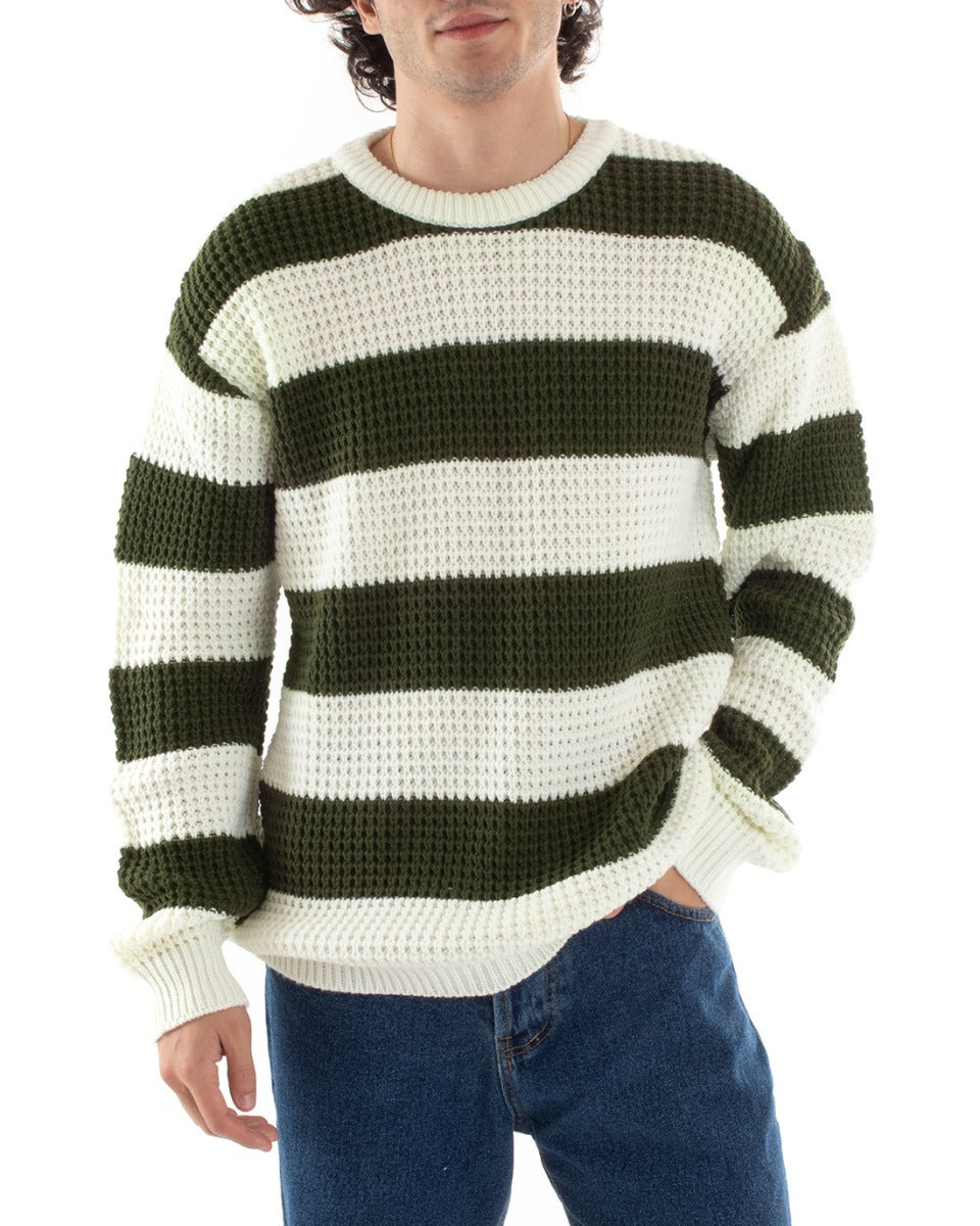Men's Sweater Striped Pullover Two-tone Crew Neck Green White GIOSAL-M2612A