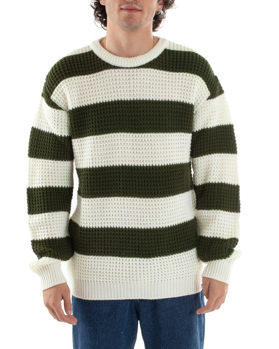 Men's Sweater Striped Pullover Two-tone Crew Neck Green White GIOSAL-M2612A