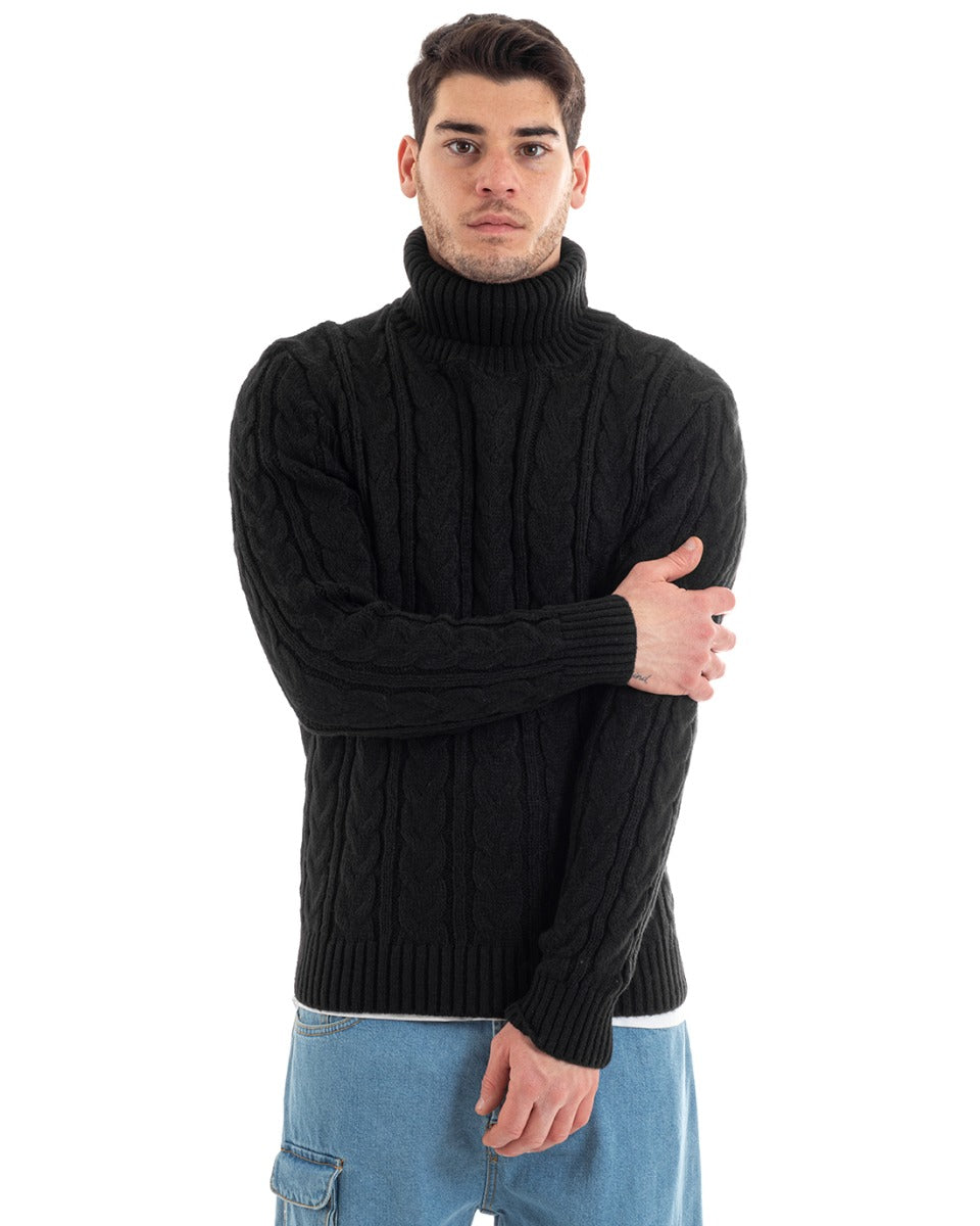 Men's High Neck Cable Sweater Solid Color Black Casual GIOSAL-M2644A