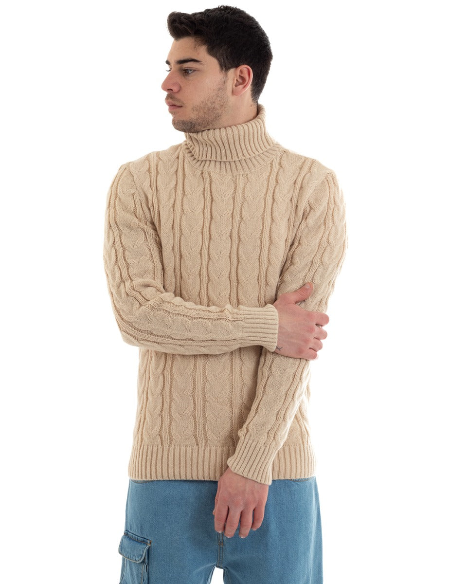 Men's High Neck Cable Sweater Solid Color Beige Casual GIOSAL-M2646A