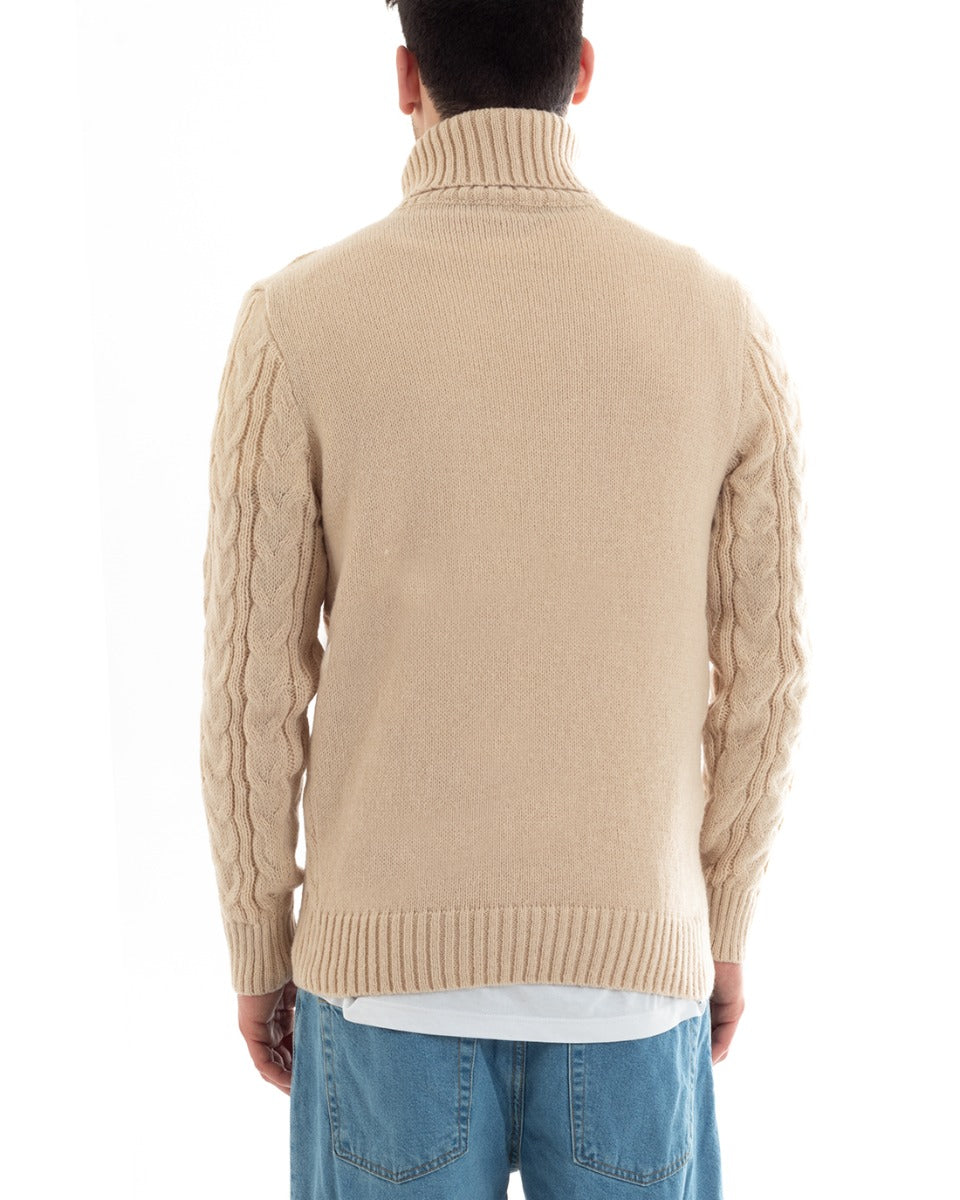 Men's High Neck Cable Sweater Solid Color Beige Casual GIOSAL-M2646A