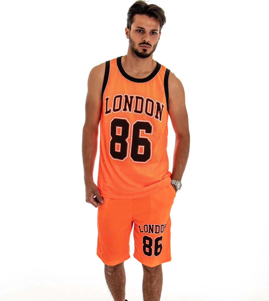 Complete Coordinated Set for Men Sports Outfit Orange Bermuda Tank Top GIOSAL-OU1547A