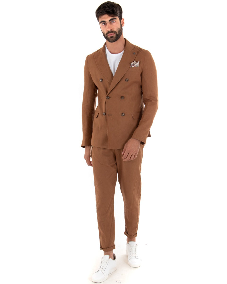 Abito Uomo Doppiopetto Completo Lino Camel Sartoriale Giacca Pantaloni Elegante Casual GIOSAL-OU2032A
