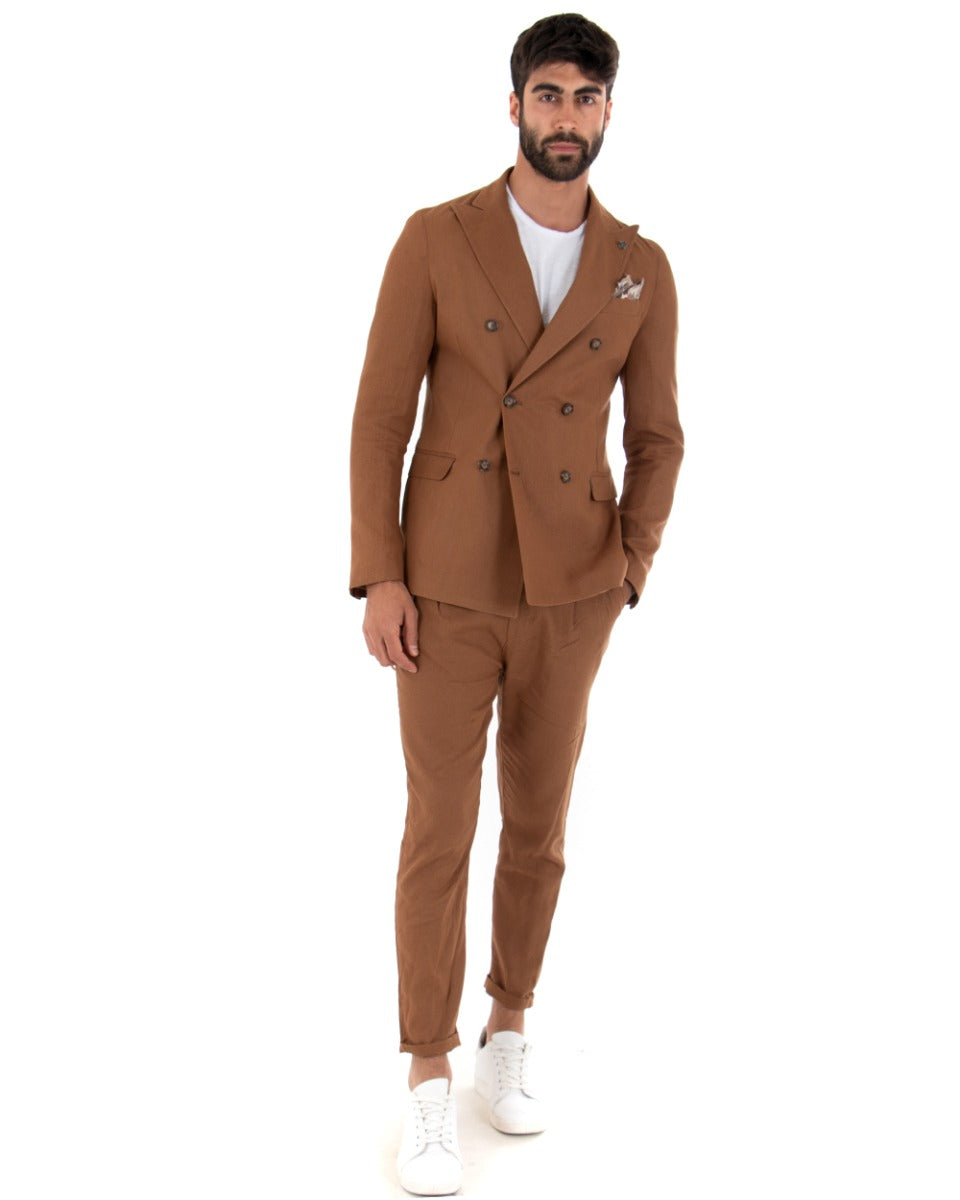 Abito Uomo Doppiopetto Completo Lino Camel Sartoriale Giacca Pantaloni Elegante Casual GIOSAL-OU2032A