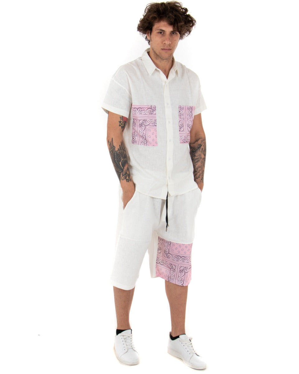 Completo Set Coordinato Uomo Lino Camicia Con Colletto Bermuda Outfit Bianco GIOSAL-OU2044A