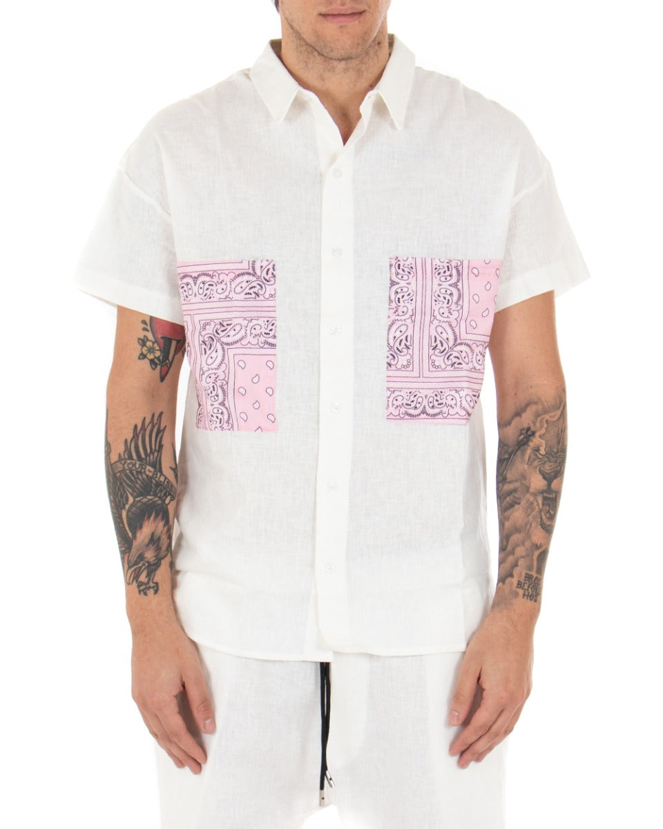 Completo Set Coordinato Uomo Lino Camicia Con Colletto Bermuda Outfit Bianco GIOSAL-OU2044A