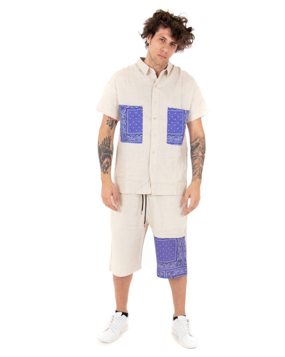 Completo Set Coordinato Uomo Lino Camicia Con Colletto Bermuda Outfit Beige GIOSAL-OU2045A