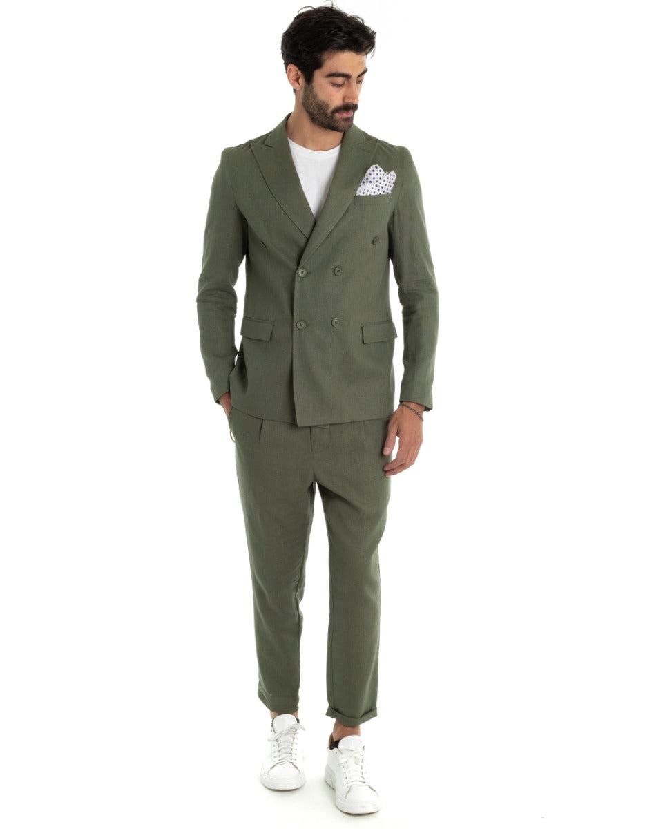 Abito Uomo Doppiopetto Completo Lino Verde Sartoriale Giacca Pantaloni Elegante Casual GIOSAL-OU2112A