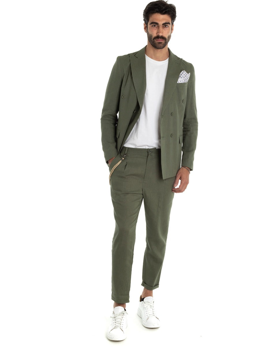 Abito Uomo Doppiopetto Completo Lino Verde Sartoriale Giacca Pantaloni