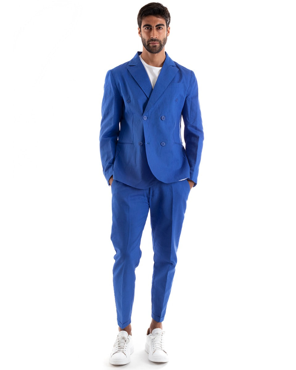 Abito Uomo Doppiopetto Vestito Lino Completo Giacca Pantaloni Blu Royal Elegante Cerimonia GIOSAL-OU2131A