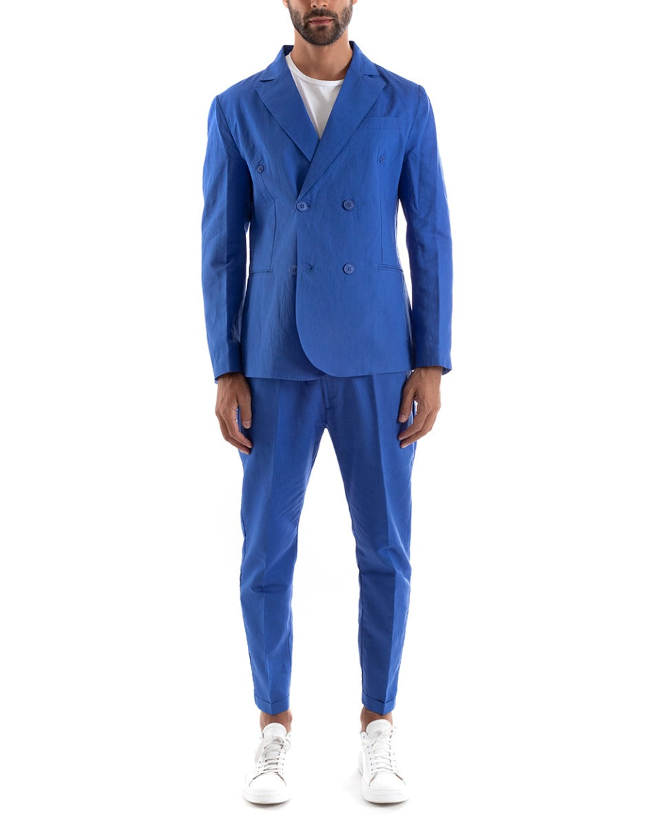 Double Breasted Men's Suit Linen Suit Suit Jacket Trousers Royal Blue Elegant Ceremony GIOSAL-OU2131A