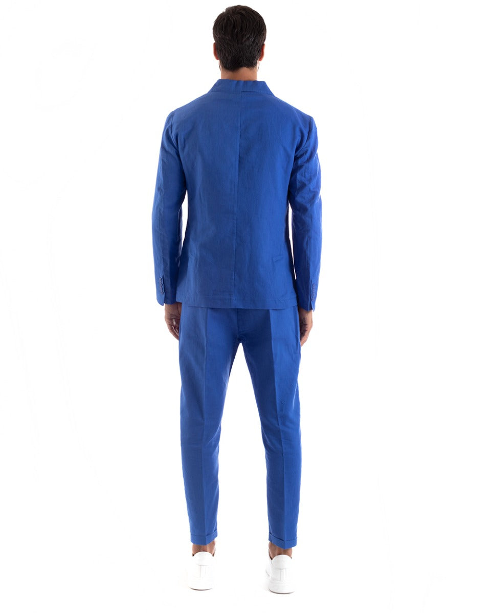 Abito Uomo Doppiopetto Vestito Lino Completo Giacca Pantaloni Blu Royal Elegante Cerimonia GIOSAL-OU2131A