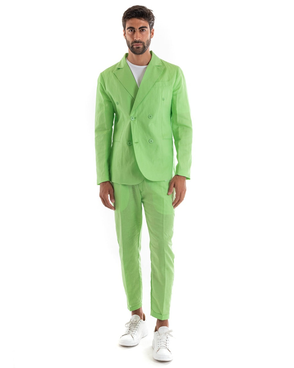 Abito Uomo Doppiopetto Vestito Lino Completo Giacca Pantaloni Verde Pi