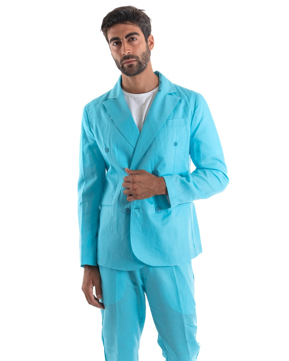 Double-Breasted Men's Suit Linen Suit Suit Jacket Trousers Turquoise  Elegant Ceremony GIOSAL-OU2134A