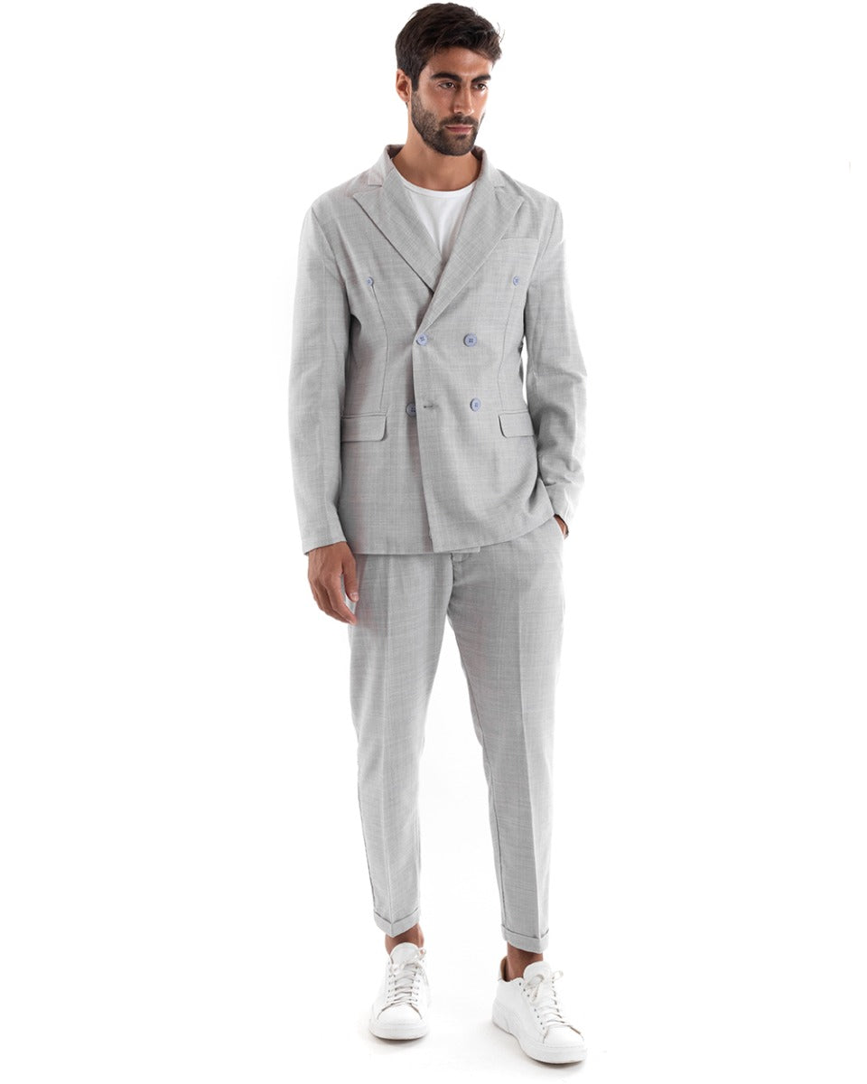 Double-Breasted Men's Suit Tailored Viscose Suit Jacket Trousers Light Gray Melange Elegant Casual GIOSAL-OU2138A