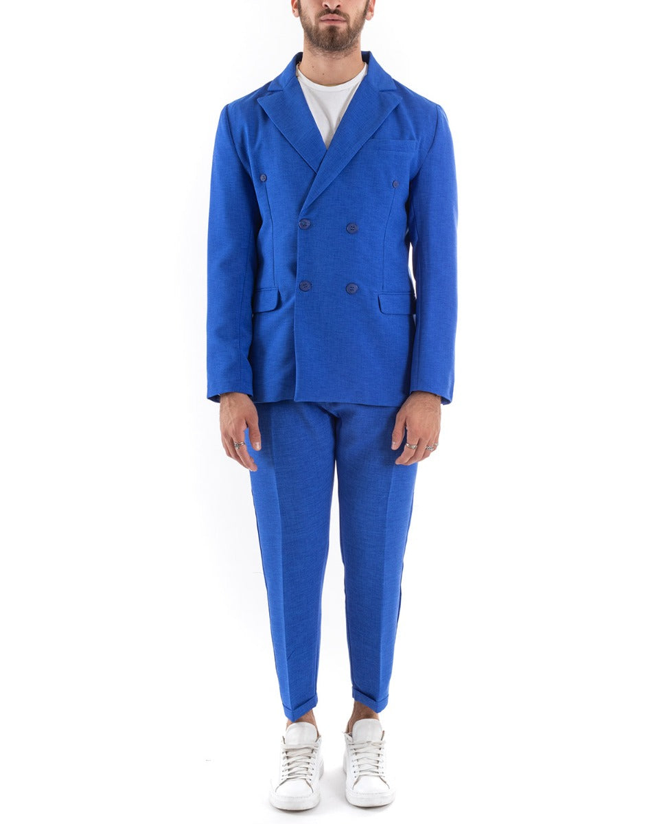 Abito Uomo Doppiopetto Vestito Viscosa Completo Giacca Pantaloni Blu Royal Melangiato Elegante Cerimonia GIOSAL-OU2203A