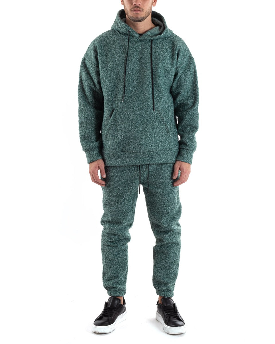 Completo Tuta Uomo Verde Relaxed Fit Teddy Pelliccia Felpa Con Cappucc