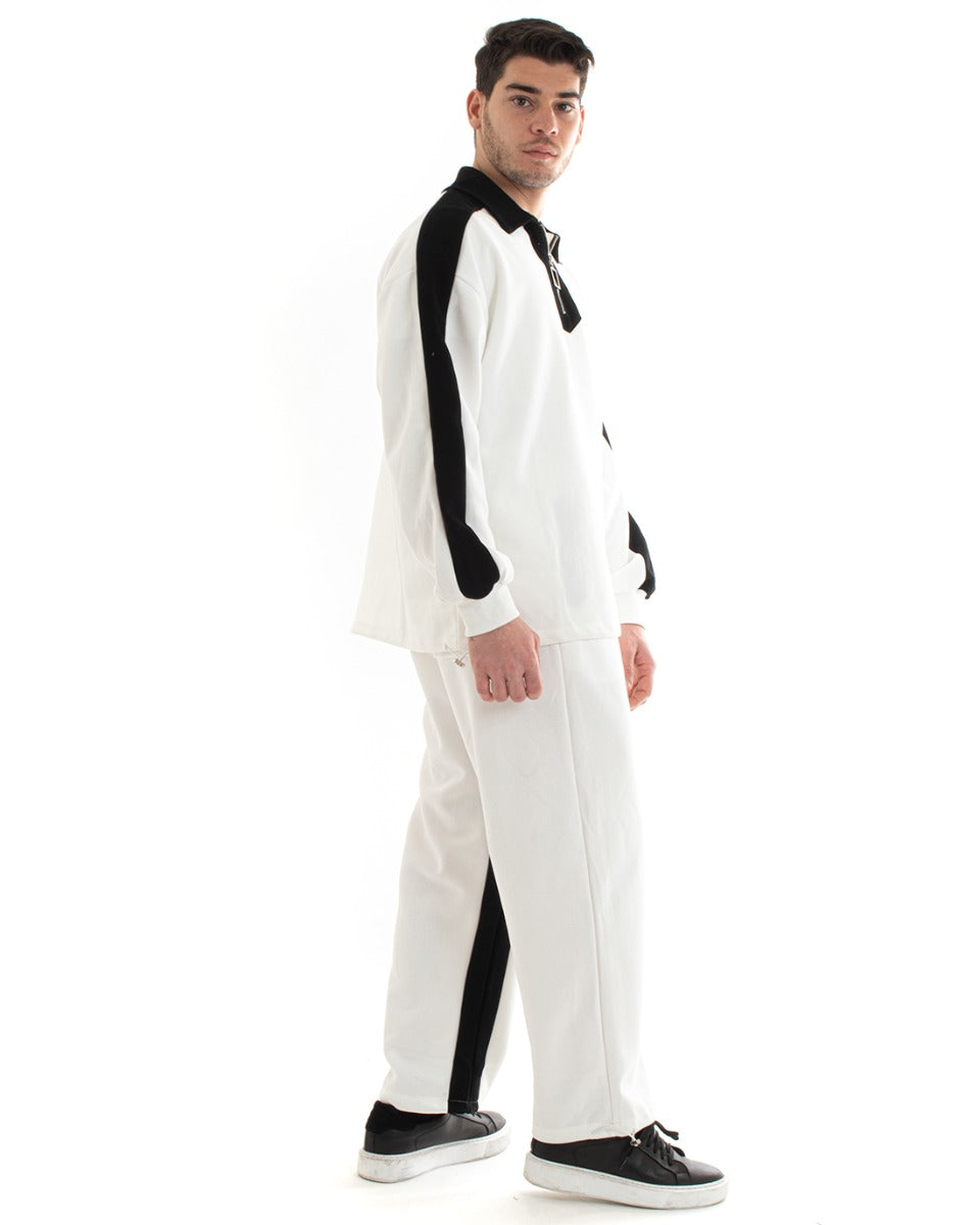 Completo Tuta Uomo Cotone Bianco Oversize Relaxed Fit Felpa Con Colletto Pantaloni GIOSAL-OU2234A