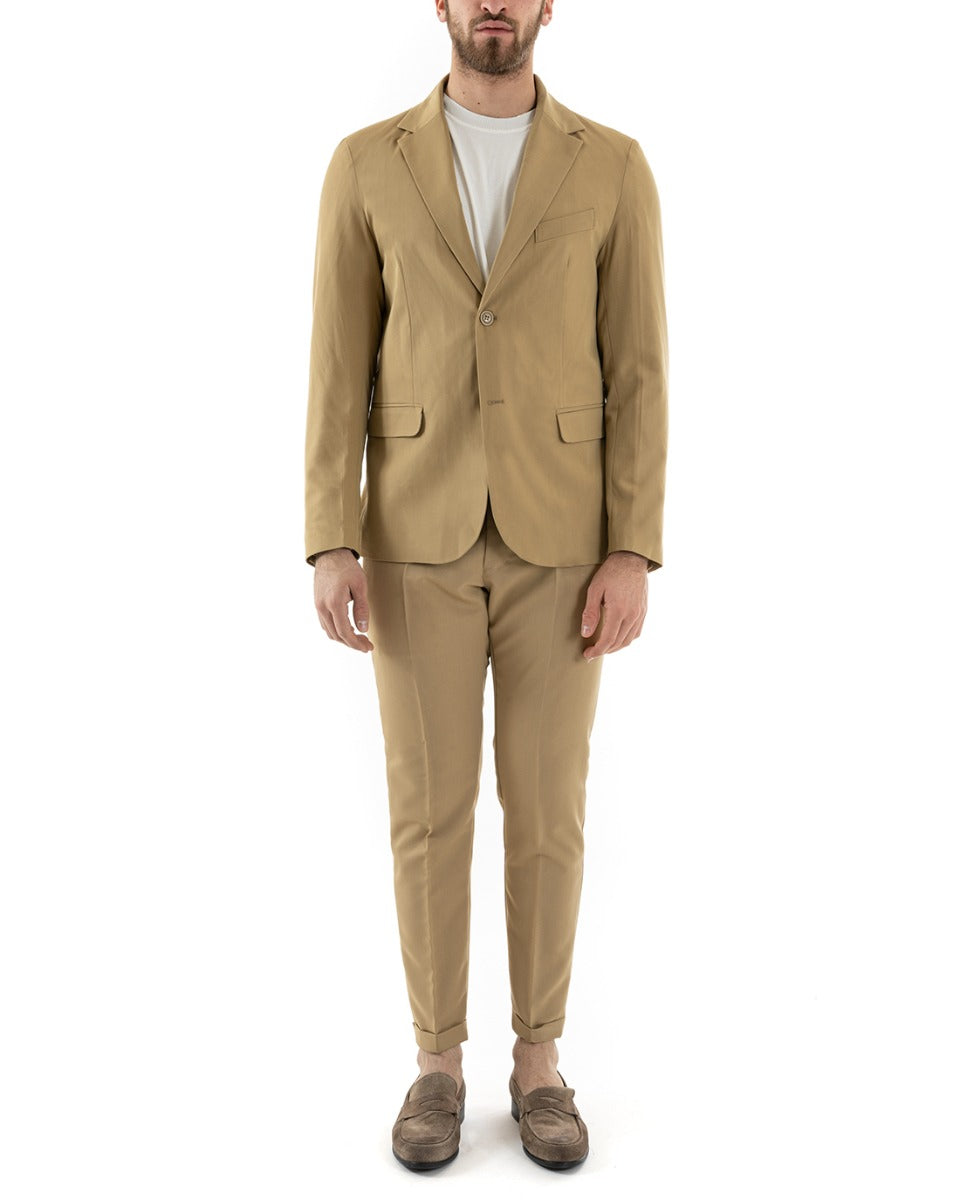 Single Breasted Men's Suit Tailored Viscose Jacket Trousers Camel Eleg