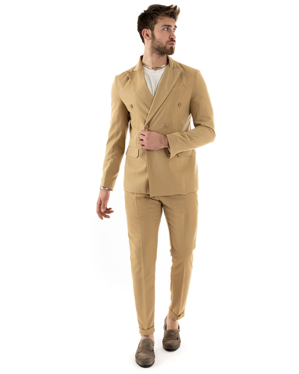Abito Uomo Doppiopetto Completo Viscosa Sartoriale Giacca Pantaloni Tinta Unita Camel Elegante Casual GIOSAL-OU2243A