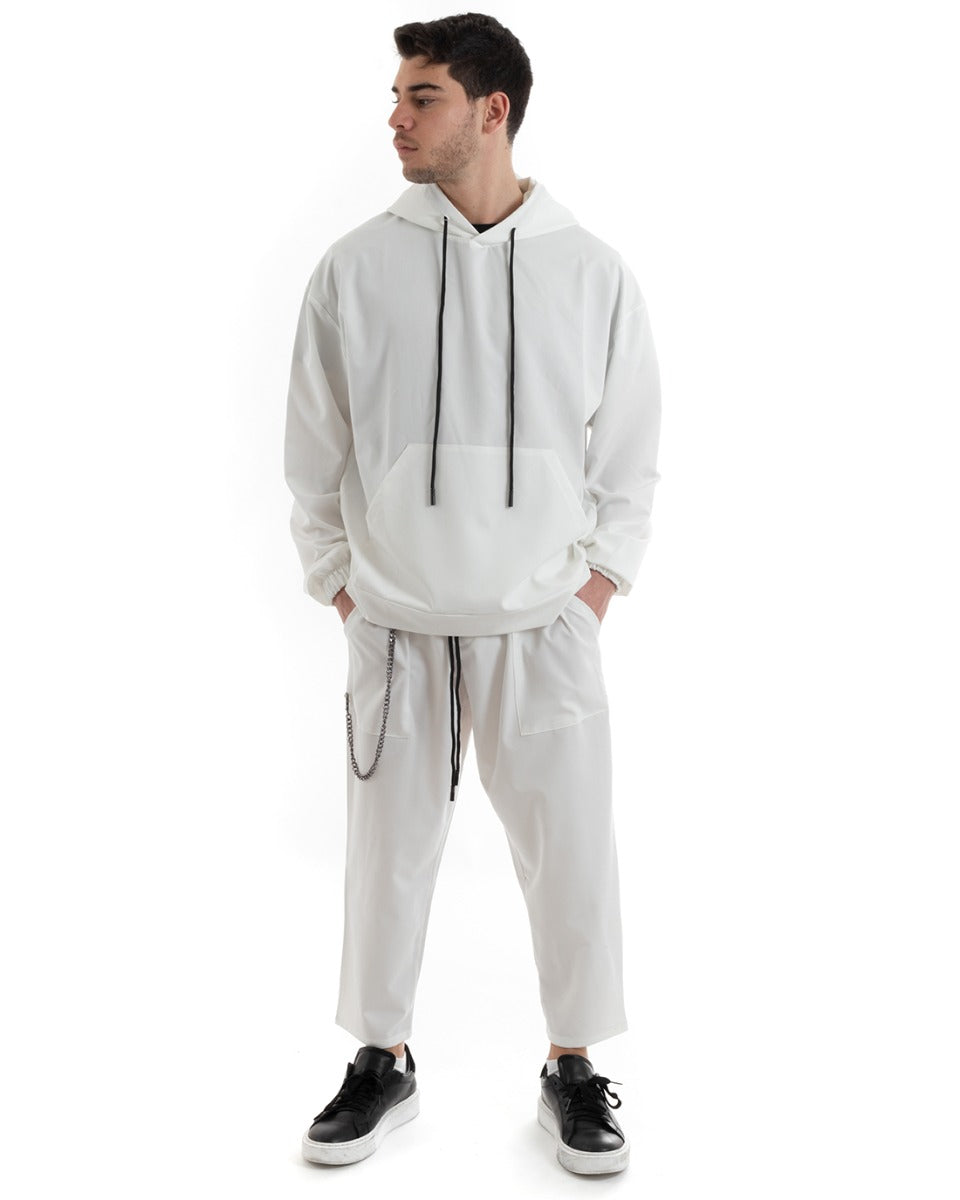 Complete Men's Tracksuit White Viscose Relaxed Fit Hooded Sweatshirt Trousers GIOSAL-OU2249A