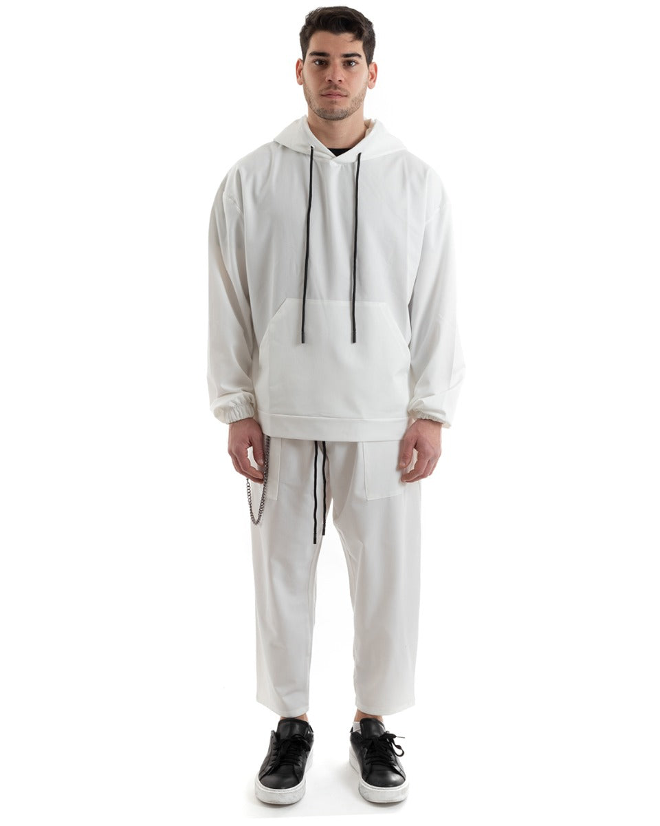 Complete Men's Tracksuit White Viscose Relaxed Fit Hooded Sweatshirt Trousers GIOSAL-OU2249A