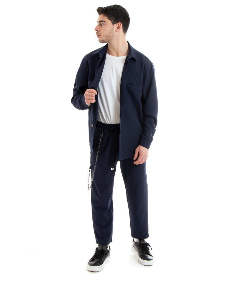 Completo Set Coordinato Uomo Viscosa Camicia Con Colletto Pantaloni Outfit Blu GIOSAL-OU2251A