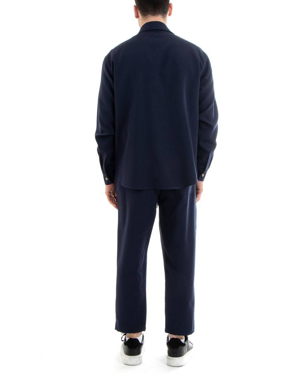 Completo Set Coordinato Uomo Viscosa Camicia Con Colletto Pantaloni Outfit Blu GIOSAL-OU2251A