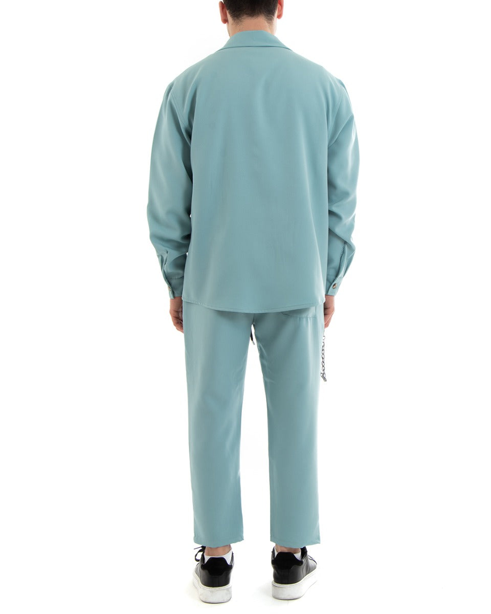 Completo Set Coordinato Uomo Viscosa Camicia Con Colletto Pantaloni Outfit Verde Acqua GIOSAL-OU2253A