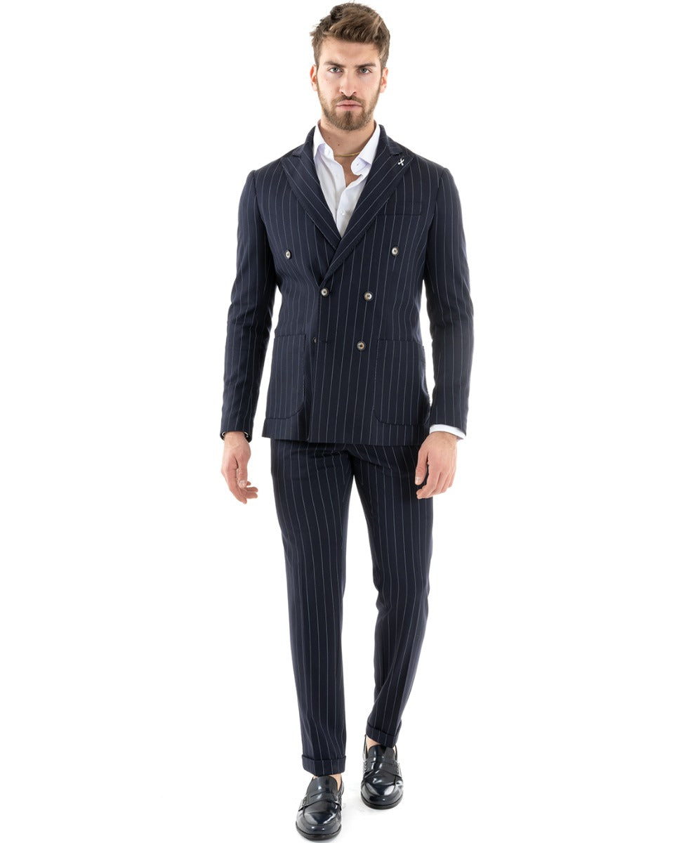 Abito Uomo Doppiopetto Vestito Viscosa Completo Giacca Pantaloni Blu Rigato Gessato Elegante Cerimonia GIOSAL-OU2259A