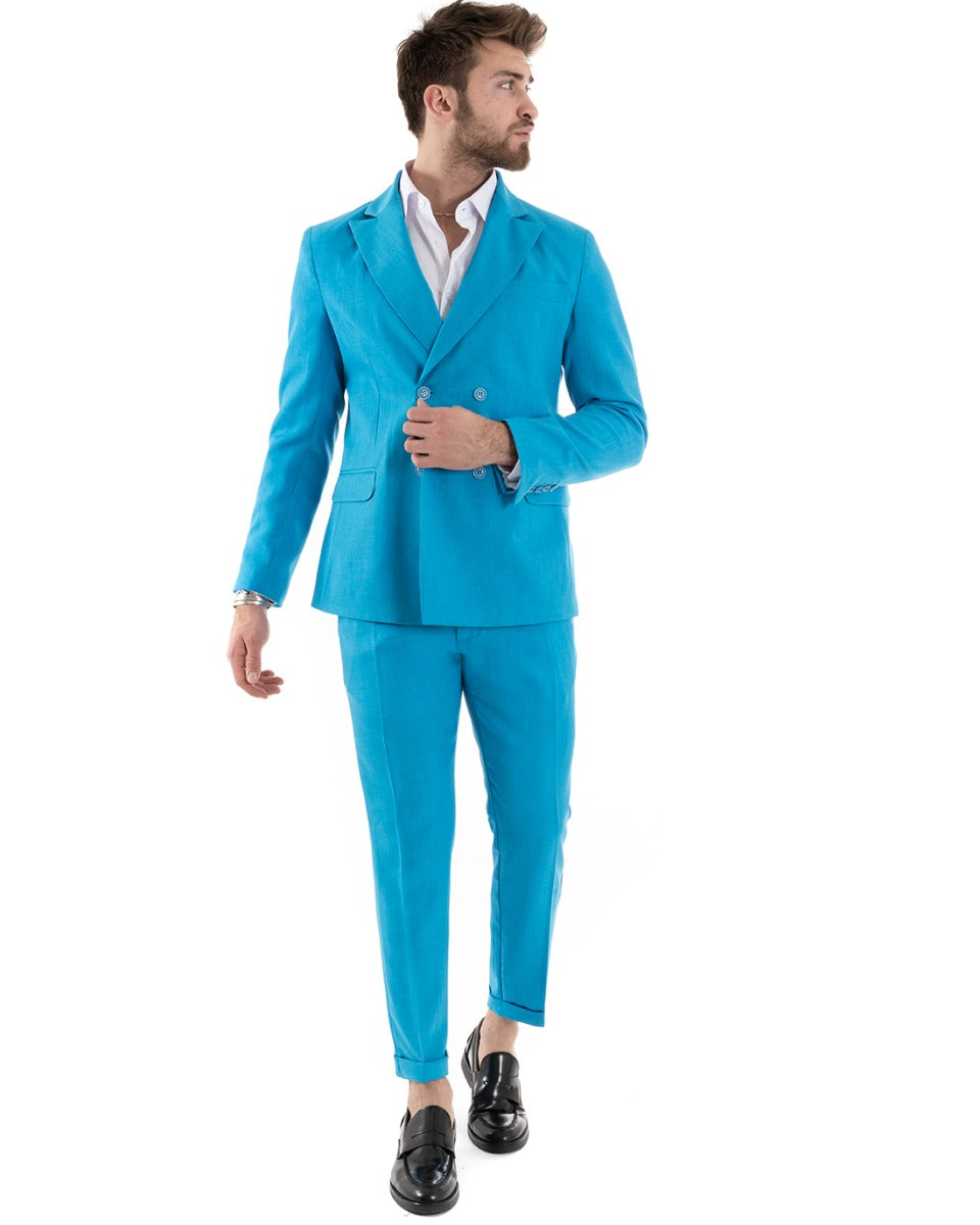 Abito Uomo Doppiopetto Vestito Lino Completo Giacca Pantaloni Azzurro Elegante Cerimonia GIOSAL-OU2261A