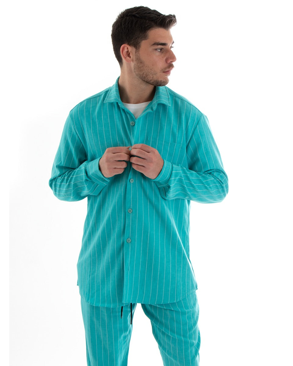 Complete Coordinated Set for Men Viscose Shirt With Collar Trousers Outfit Striped Pinstripe Light Blue GIOSAL-OU2266A